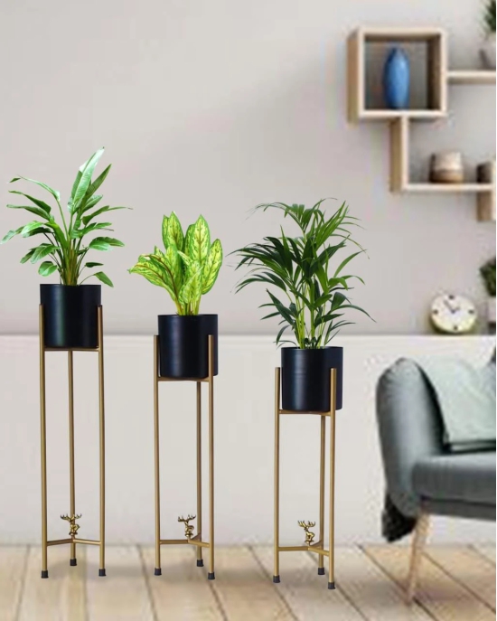 Planter Stand, 3 pcs Modern Planters for Indoor Plants,  Set with Foldable Stand(Pack of 3)-Golden & Black