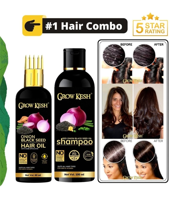 Growkesh Onion Hair Oil for Hair Regrowth and Hair Fall Control with Blackseed with Comb Applicator and Red Onion Shampoo for Anti-dundruff (Onion Hair oil,60ml + Onion Shampoo,100ml)