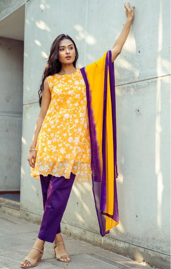 Purple Mustard Suit Set with Salsa Dupatta-XL