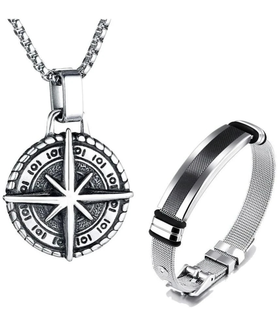 Fashion Frill Stylish Silver Chain For Men Stainless Steel Compass Silver Chain Pendant With Silver Bracelet For Men Boys Jewellery Combo - None