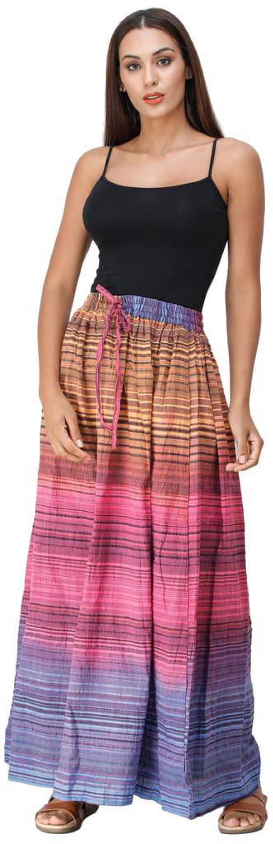 Wild-Orchid Long Summer Skirt with Stripes Woven in Multi-Color Thread and Dori on Waist