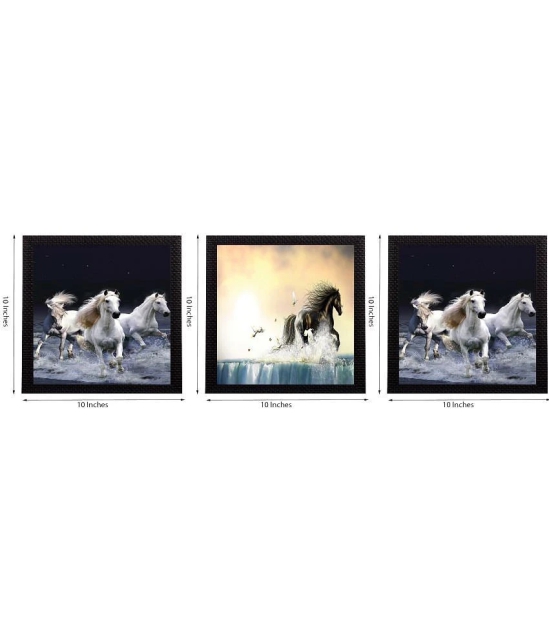 eCraftIndia Running Horses Satin Matt Texture UV Art Multicolor Wood Painting With Frame Set of 3