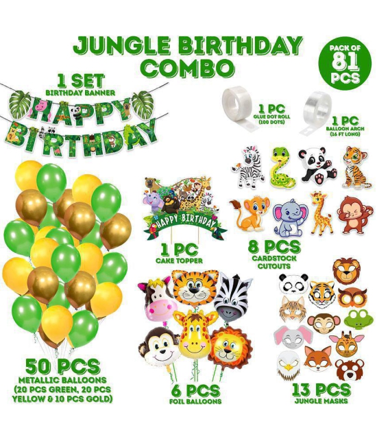 Zyozi Jungle Safari Birthday Decoration / Birthday Decorations items - Party Decoration Bunting Banner with Balloons, Cake Topper,Foil Balloons, Cardstock Cutout, Glue & Sticker (Pack of 81)