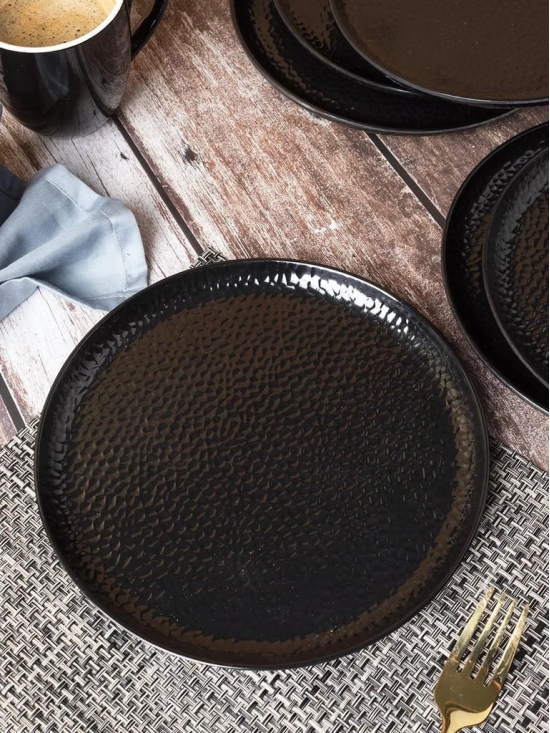 Round Quarter Plates, Half Plates, Dinner Set, Hammered Melamine, Black, Pack of 6