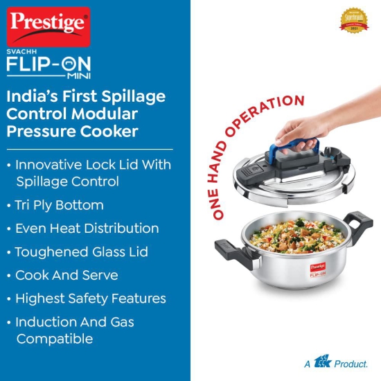 Prestige Svachh FLIP-ON MiniÂ SS Pressure Cooker 18 cm-2 L with Glass Lid