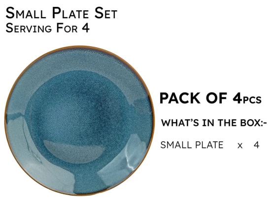 Reactive Handpainted Premium Ceramic 4 Small Plates | Quarter Plates | Stoneware | Microwave and Dishwasher Safe | Pack of 4 | Greenish Blue