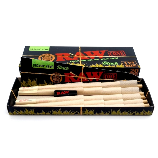 RAW Black Organic Hemp 1 1/4 Size Pre-Rolled Cones - Pack of 20