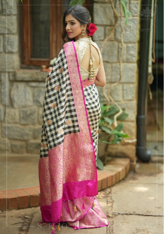 Pure Katan Silk Banarasi Saree in Black and White Checks with Contrasting Pink Borders  | SILK MARK CERTIFIED