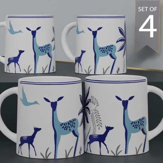 The Earth Store Stag Blue Coffee Mug Set of 4 to Gift to Best Friends, Coffee Mugs, Microwave Safe Ceramic Mugs,(300 ml Each)