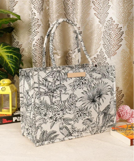 Polyester Cotton printed handbag, floral, tiger, floral, cream, white, 14x11