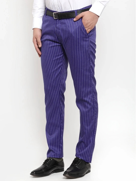 Indian Needle Men's Blue Cotton Striped Formal Trousers-30 / Blue