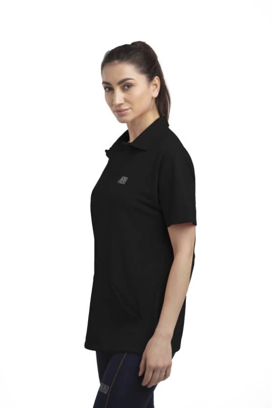 Women Solid Polo Neck Polyester Black T-Shirt