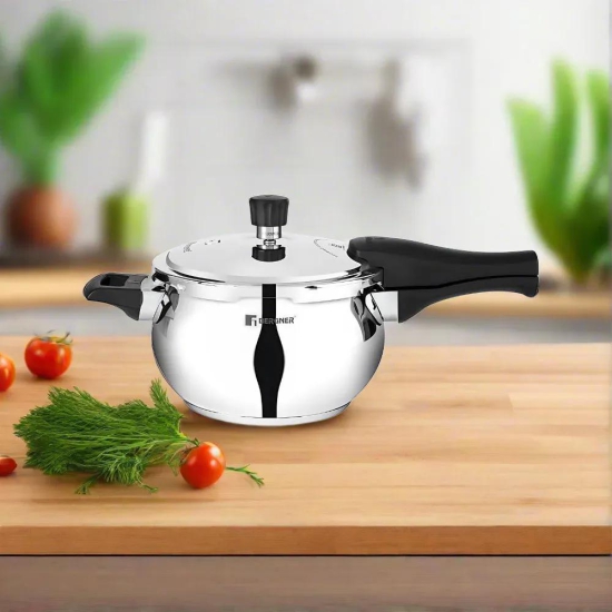 Bergner Pura Belly Shape Stainless Steel Outer Lid Pressure Cooker | Gas & Induction Compatible | Silver 2 Litre