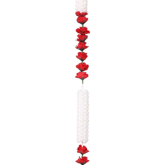 Smizzy Decioration Flowers Garlands for Home Decoration Plastic and Fabric (White Mogra/Jasmine with Red Roses, 5 feet, Pack of 4) Toran Garland String for Home Door Decoration Wedding Pooja Room