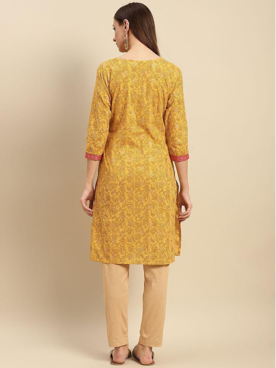 Rangita Women 100% Cotton Yellow Contrast Placket Floral Printed Knee Length Straight Kurti - None