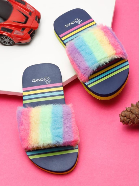 ONYC Kids Slippers for Girls, Premium Rainbow Fur Sliders, Navy Blue