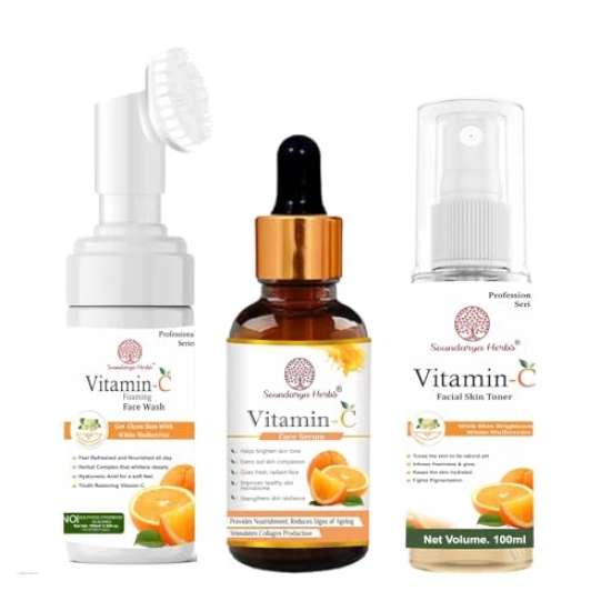 Soundarya Herbs Vitamin C Face Wash - 100ml, Vitamin C Face Serum, Vitamin C Facial Skin Toner - 100ml Combo Pack