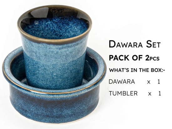 Premium Ceramic Dawara Set, Tea Dabara Set, Tumbler Set for Authentic South Indian Filter Coffee, Serving Drinkware, Set of 1, 120 ml, Greenish Blue