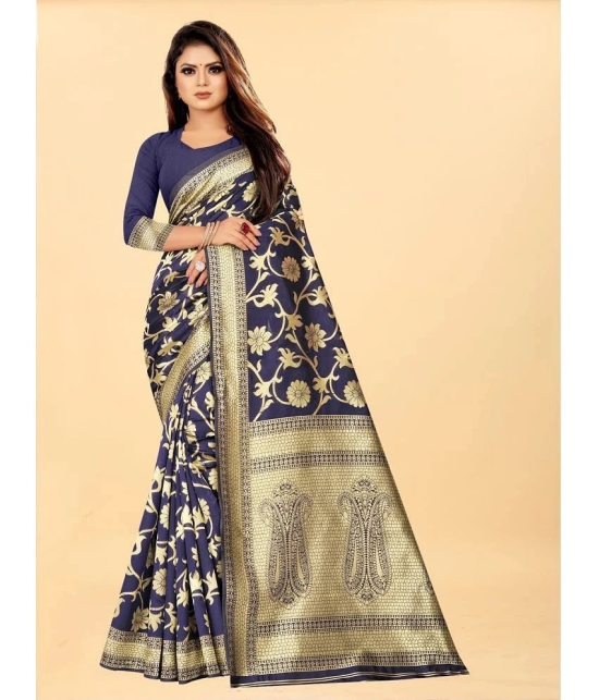 Gazal Fashions - Navy Blue Banarasi Silk Saree With Blouse Piece ( Pack of 1 ) - Navy Blue