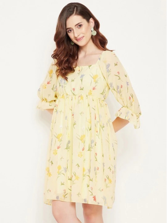 Floral Print Square Neck Puff Sleeve Georgette Fit & Flare Dress