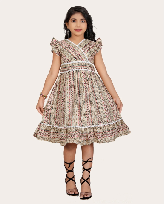 Girls Cotton Unique Design Printed Knee Length A-Line Dress-Brown / 12 - 13 Years