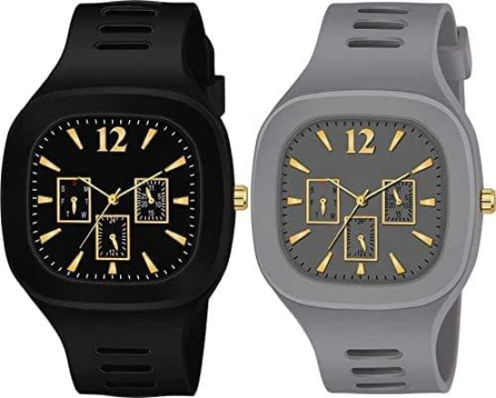 Exelent Silicon Strap Analog Combo Watch- for Men & Boys Black & Gray