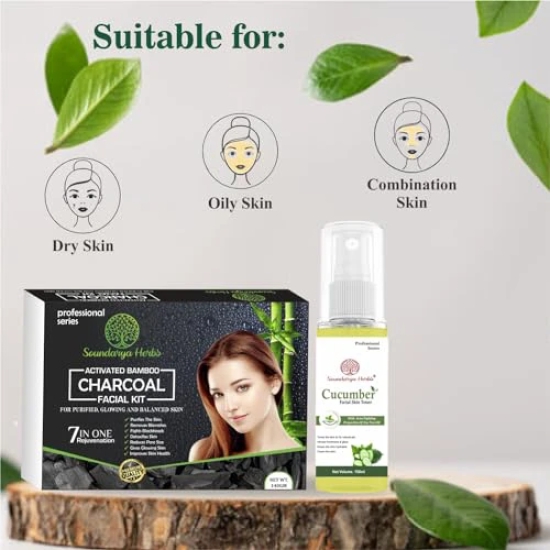 Soundarya Herbs Facial Kit (140gm) with Free 100ml Cucumber Toner | Achieve a Radiant Glow - Charcoal Facial kit