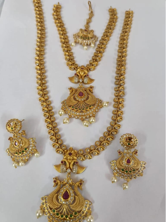 Bridal Gold Plated Antique Temple Jewellery Set With Ruby Stones