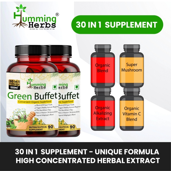 Humming Herbs Green buffet Capsules 500mg | 90 Capsules| Blends of 30 Super like Quercetine Cordyceps Spirulina alfalfa Ashwgandha seabuck thorn Acai berry Goji Berry and milk thistle - Pack of 2