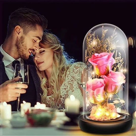 KATHIYAWADI Gifts for Women, Mothers Day Mom Gifts Pink Rose Flower Gift Light Up Rose in Glass Dome, Mothers Day Presents Handmade Soap Rose Ideas Gifts for Grandma, Sister, Wife, Friends.