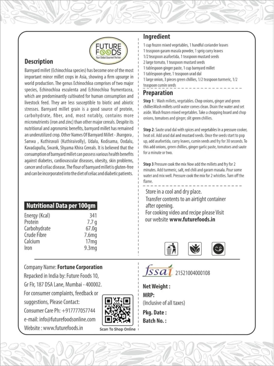 Future Foods Premium Barnyard Millet | Jhangora/Sanwa | Gluten Free | Good Source of Protein & Fiber | With More Iron & Zinc Content | Ideal for Celiac & Diabetes Patients | 450g