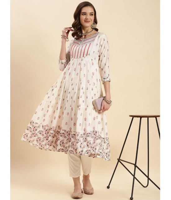 Rangita Women Off White Silk Embroidered Calf Length Tiered Flared Kurti - None