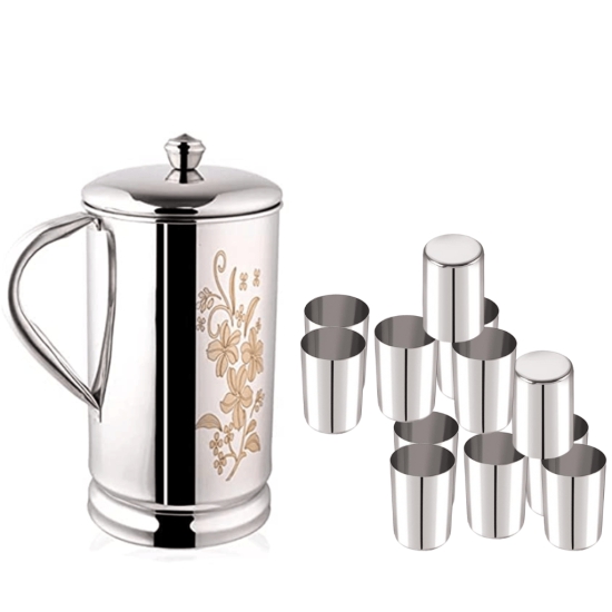 SHINI LIFESTYLE Steel floral design Jug with lid and 12pc premium quality glass, jug glass set