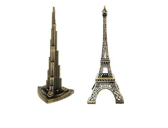 Lucky Handicraft - Handicraft Metal Combo Pack Paris Eiffel Tower & Burj Khalifa for Home Decoration, Metallic Color, 12 cm Height