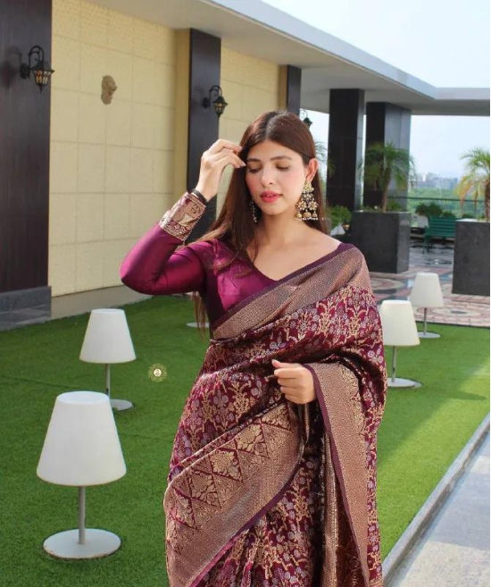 Wine Pure Pure Banarasi Silk With Confounding Blouse Piece