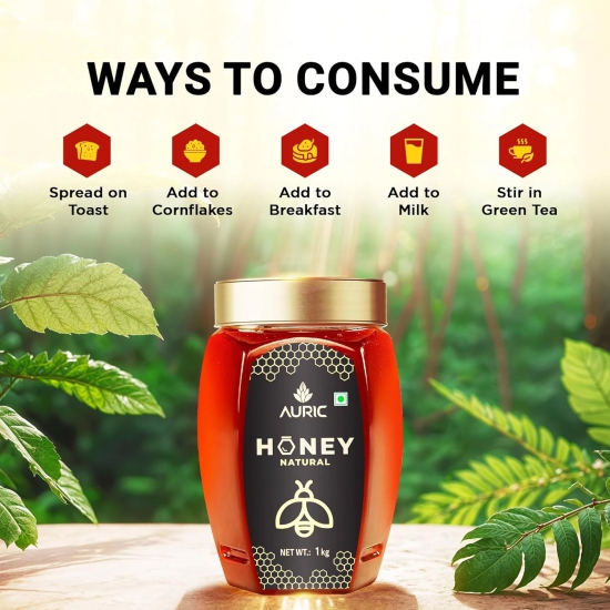 Auric Pure1Kg Honey Crafted from Multi-Flower Sources, 100% Purity with No Added Sugar