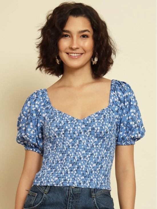 TRENDARREST Blue Floral Printed Top-S