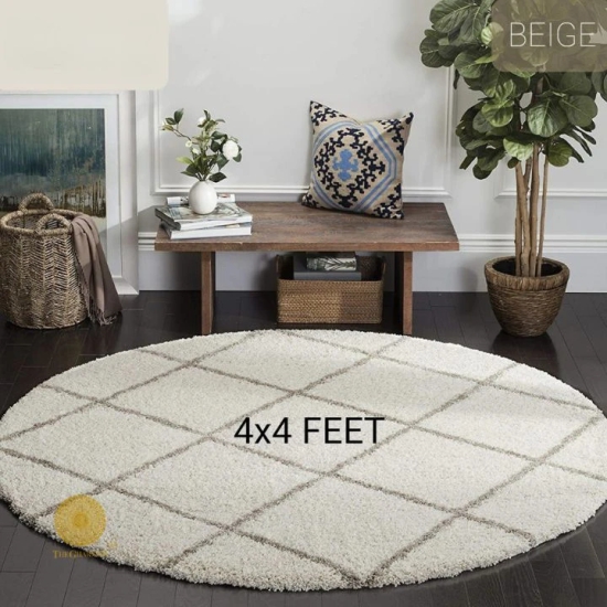 Modern Round Shaped Bedroom / Dining Rugs-4x4 Feet / Beige