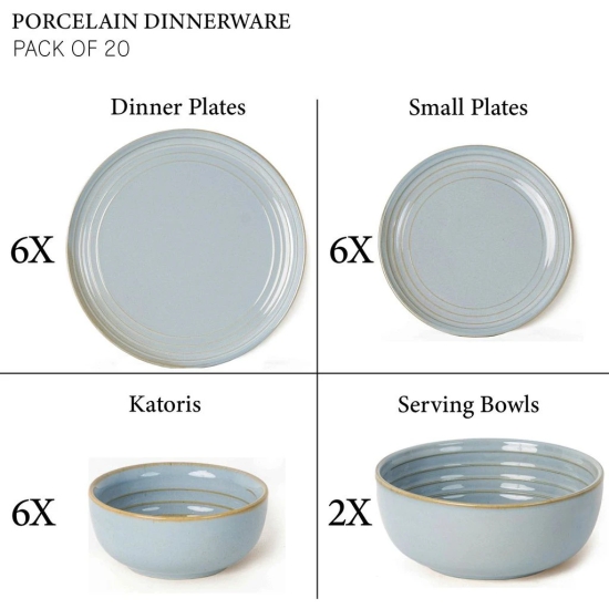 Handcrafted Chip Resistance Porcelain Dinner Set, 20 Pieces Dish Set Serving for 6, Microwave and Dishwasher Safe, Bone-ash Free, Crockery Set for Dining and Gifting, Arctic Blue