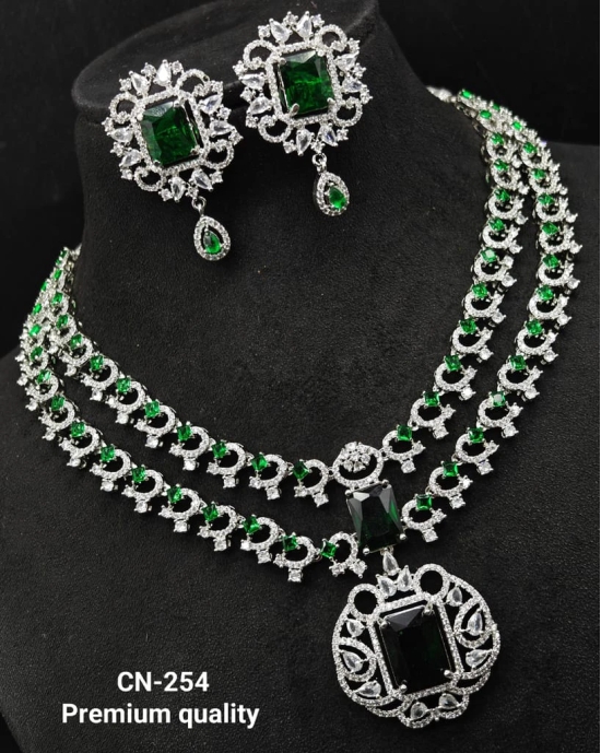 Green Colour American Diamond Necklace Set With Ear Rings