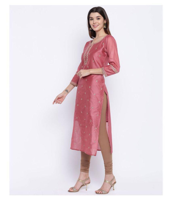 Vbuyz - Peach Chanderi Womens Straight Kurti ( Pack of 1 ) - M