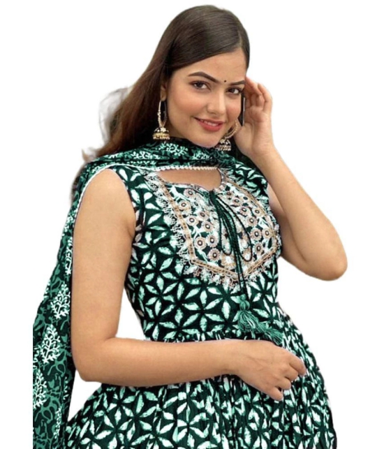 Itemzon Viscose Printed Ethnic Top With Palazzo Womens Stitched Salwar Suit - Dark Green ( Pack of 1 ) - None