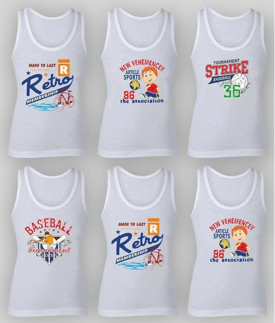 Bodycare - White Cotton Printed Boys Vest ( Pack of 6 ) - 12-14 Y