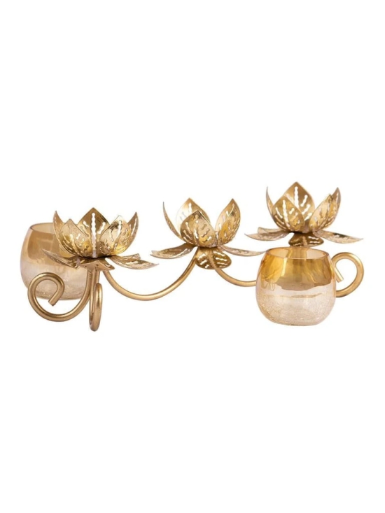 Round Gold 3In1 Glass Flower Tea Light Candle Holder