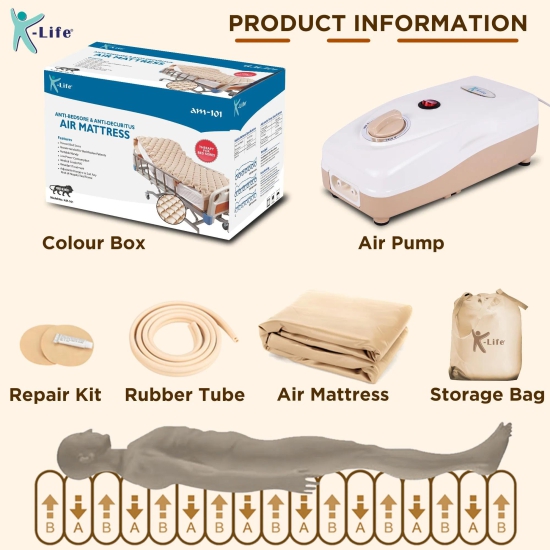 K-life AM-101 Portable Anti Decubitus Air Bed Adjustable Pump System Medical Grade PVC Bubble Mattress for Prevention of Bed Sores Patients