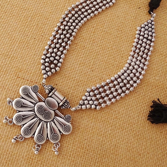 Oxidised Silver Ethnic Necklace with Pendant-7