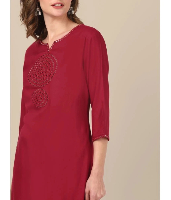 Rangita Women Rayon Maroon Yoke Embroidered Calf Length Straight Kurti - None