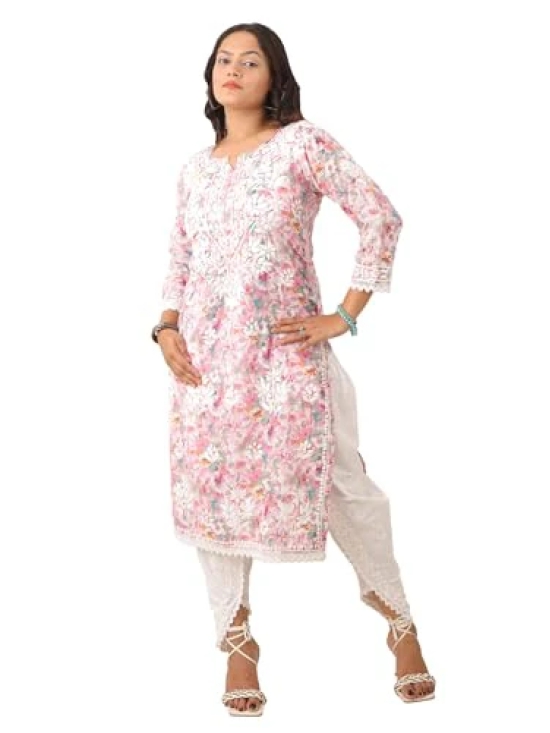 Pravia Lucknowi Chikankari MUL MUL Cotton Long Kurti Set with Lace, Handwork Dhoti for Girls, Women