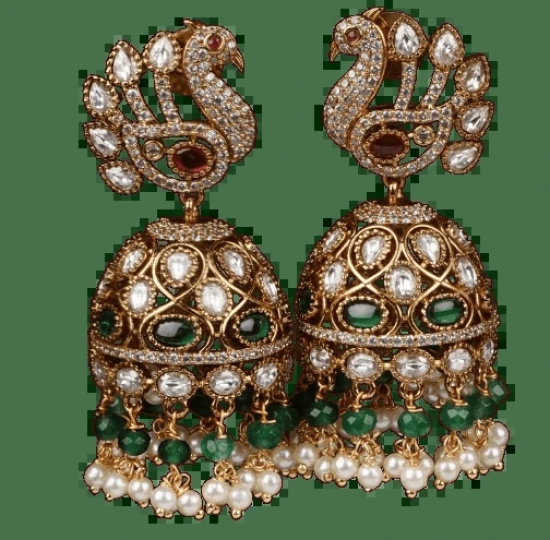  Peacock Chandbali Earrings with Green Stones and Pearls