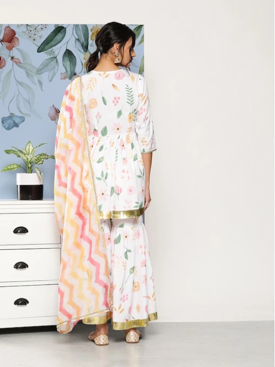 Women White Floral Printed Pleated Kurta with Sharara & With Dupatta